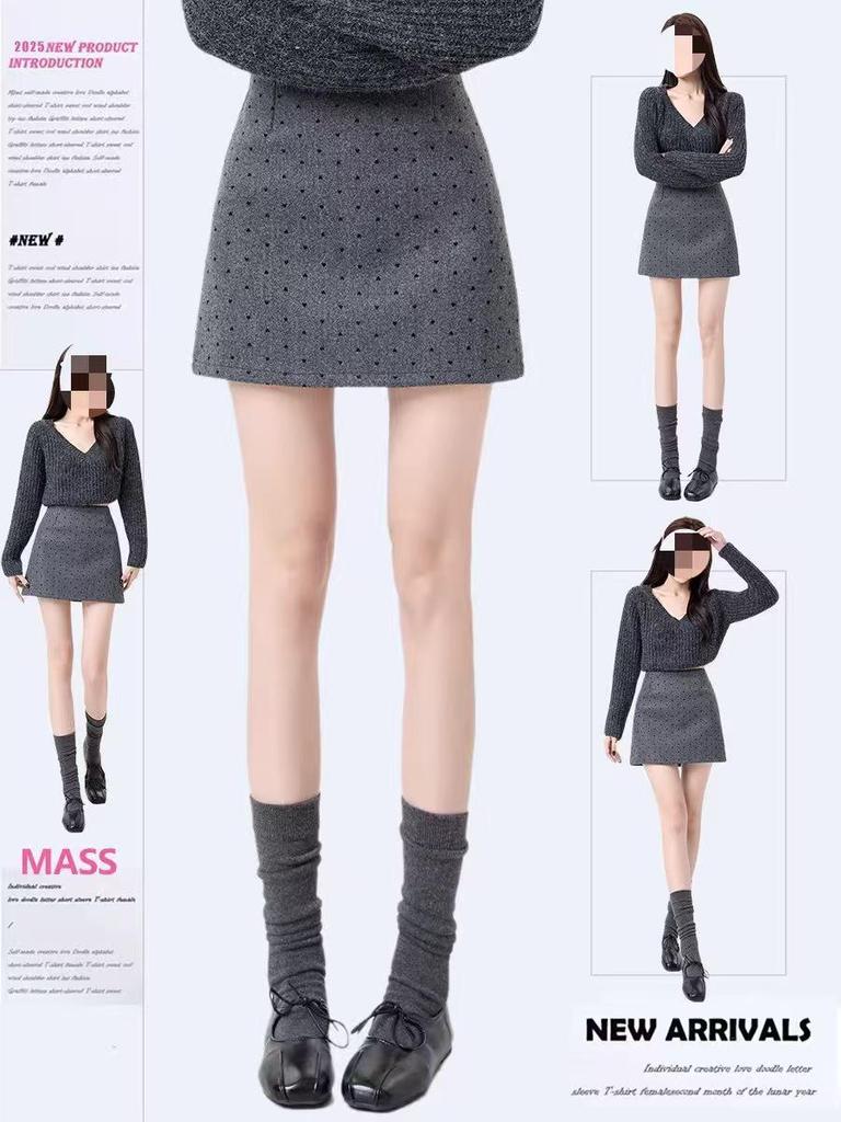 Deep Gray Polka Dot High-Waisted A-Line Wool Skirt - Women's Hip-Hugging Autumn/Winter Style
