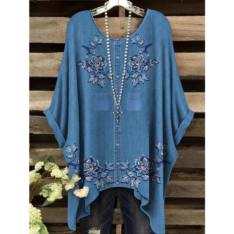 2026 Camiseta de Manga Corta Irregular de Moda con Estampado Floral Vintage para Mujer Ropa de Mujer Holgada y Casual Top Oversize