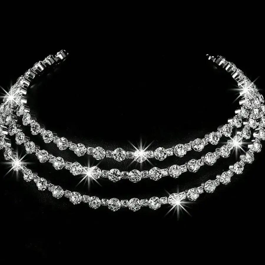 

European And American Jewelry New Three-Row Collar Bracelet Stud Earrings Opening Multi-Layer Rhinestone Jewelry Necklace Set Wedding срібний