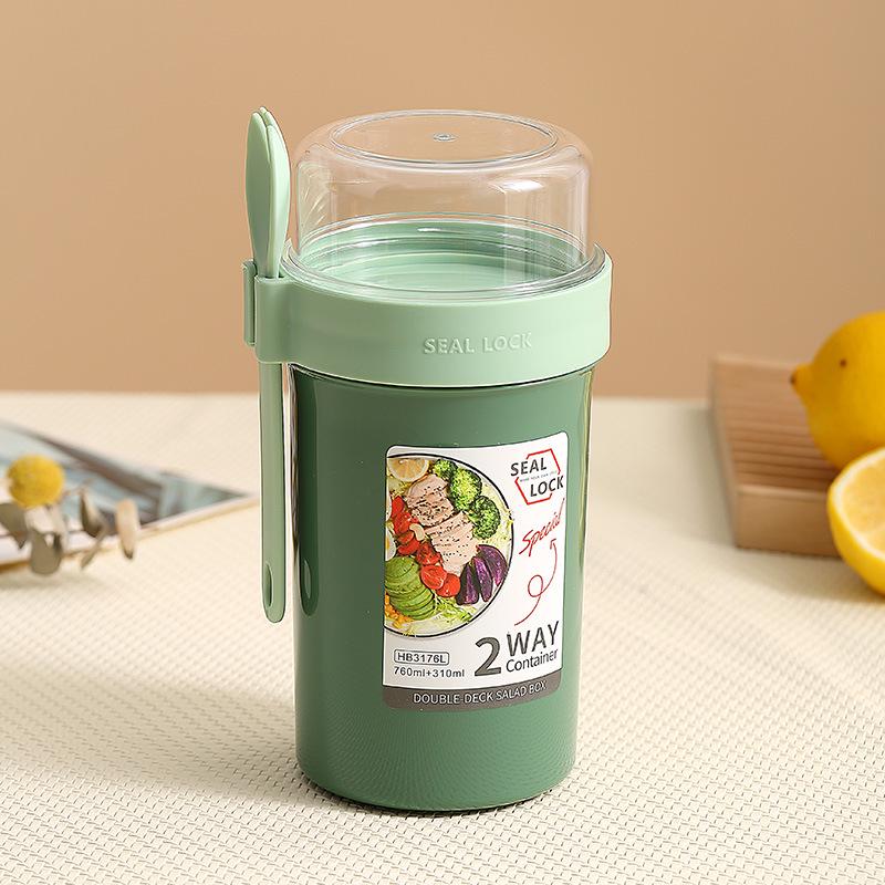 Portable Double-Layer Yogurt and Oatmeal Cup with Lid and Spoon for Salads and Nuts