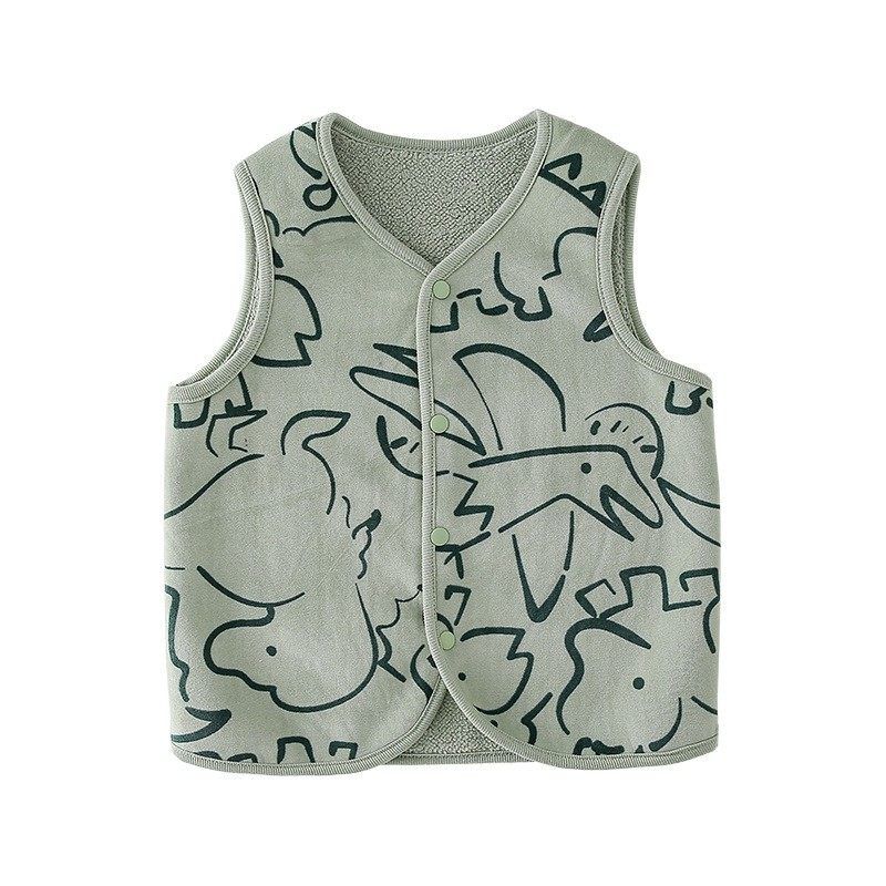 Cotton Hall Children s Knitted Double-sided Plush Vest Autumn clothes New Baby Warm Waistcoat Warm Vest 1 Dinosaur on Green Background 100/56