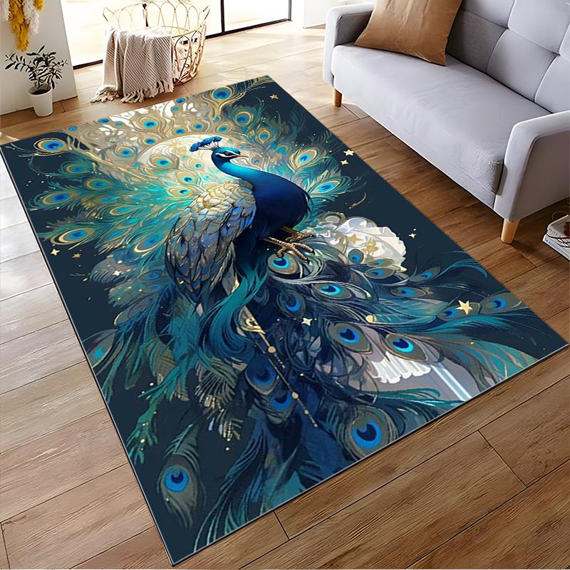 Elegant Peacock Design in Blue and Gold Colors Non-slip rug suitable for living room and bedroom sofas