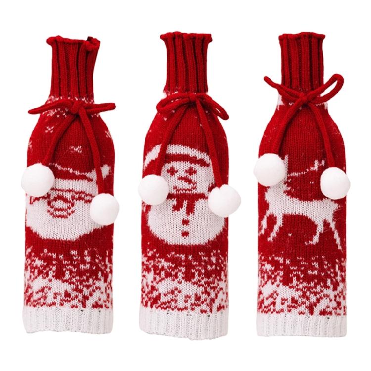 Set of 3 Festival Knitted Wine Bottle Sleeves With Gradual Color Featuring Santa, Snowmans, and Reindeers Wine Bottle Cover