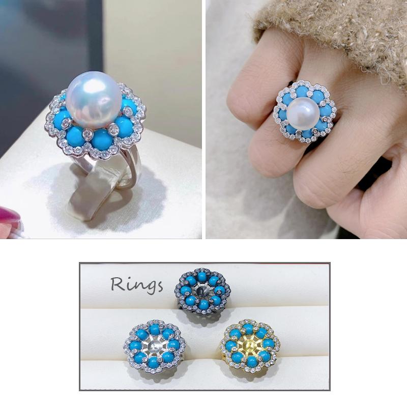 10mm Big Natural Round Pearl Fashion Ring DIY 925 Silver Holder Setting Fine Wedding Jewelry for Women