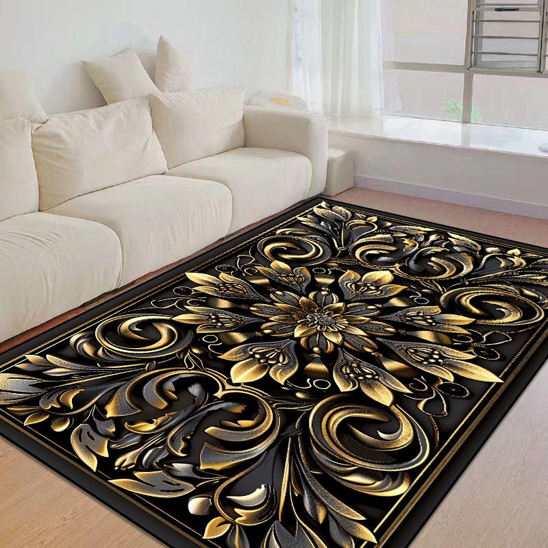 European Home Luxury Golden Flowers Living Room Decor Sofa Carpet Washable Rugs for Bedroom Black Gold Lounge Coffee Tables Mat