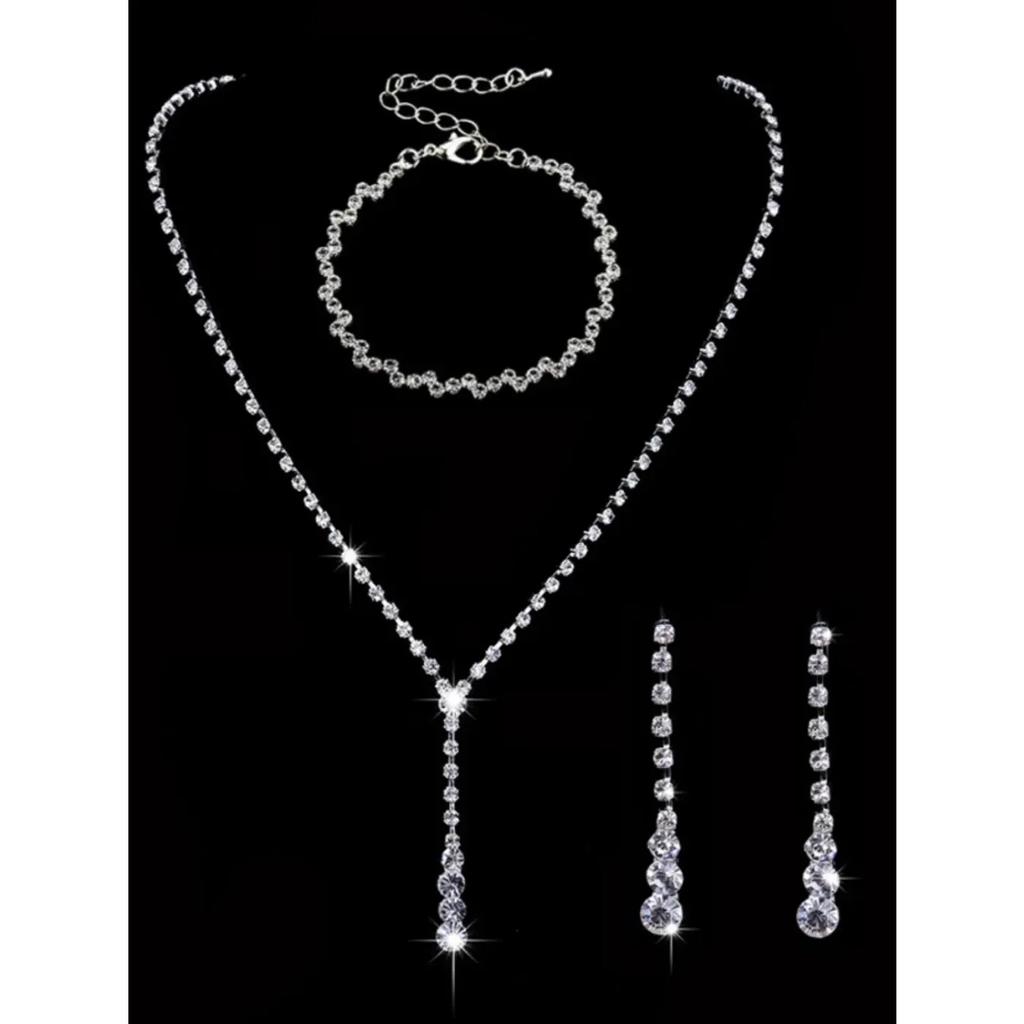 4-piece Women's Sparkling Wedding Set, Rhinestone Bracelet Necklace, Earrings, Party and Banquet Accessories