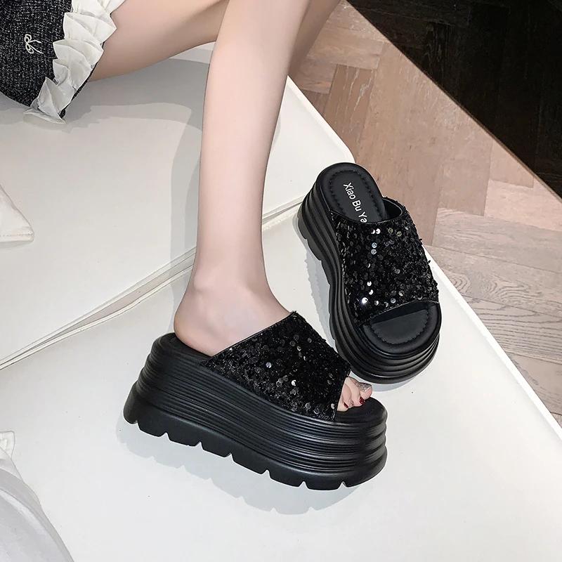 Fashion 8CM Thick Bottom Summer Bling Slippers Women's Sandals Women Wedges High Platform Flat Shoes Woman Beach Open Toed Flip Flops