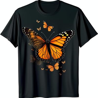 Oszałamiający T-shirt z grafiką motyla monarchy Czarny materiał Unikalny design Unisex Casual Dla miłośników przyrody Koszulki Bawełna Streetwear 2026