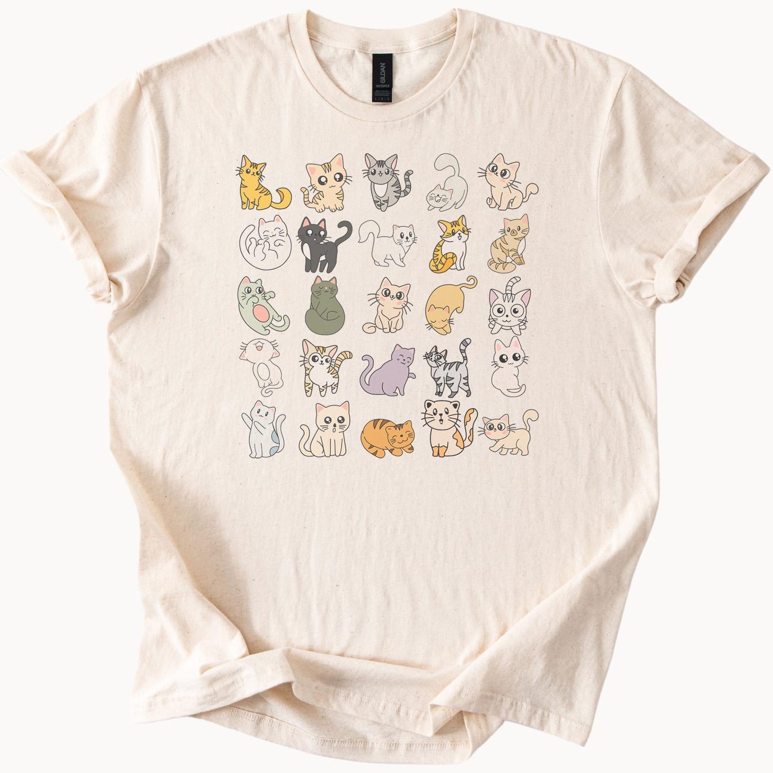 Cute Cat Doodle T Shirt Pastel Kawaii Cartoon Cats Graphic Tee Adorable Cat Lover Gift Cat Drawing 140