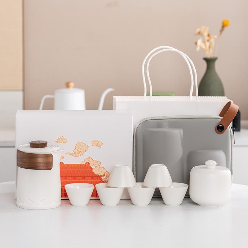 High-grade Suet Jade Porcelain Travel Tea Set, Outdoor Portable Set, Light Luxury Guochao, a Pot of 36 Teacups, Business Gifts