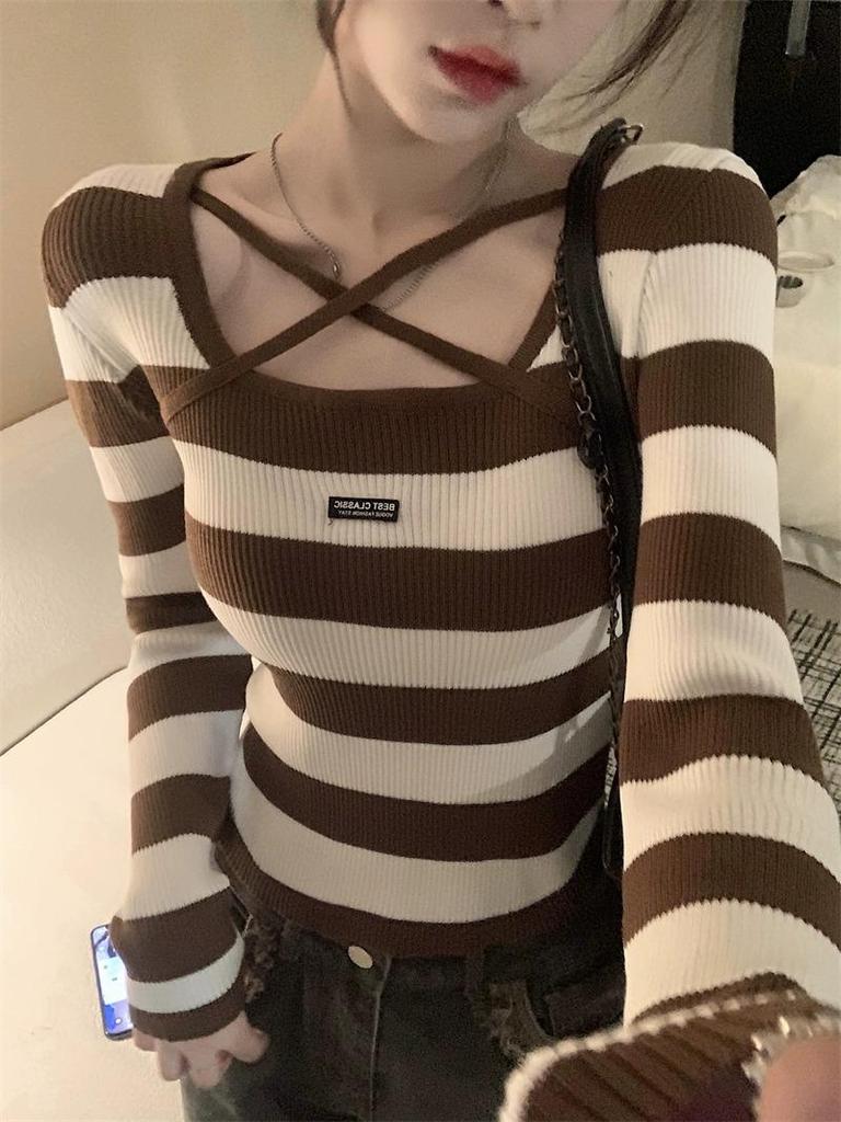 Herbst 2025 Damen Gestreiftes Strickpullover-Top