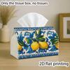 2D Flat,1pc Tissue Box, Mediterranean Botanical Classic Tissue Box with Lemon Tile -Fabric Napkin Storage Organizer for Kitchen, Elegant Decorative Bo