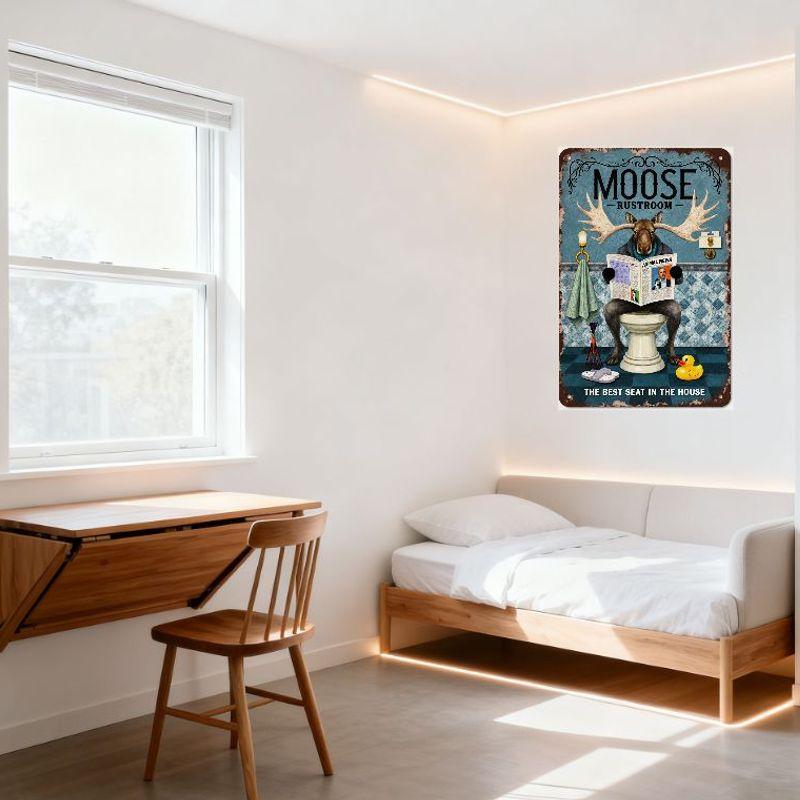 Vintage Humorous Moose Bathroom Metal Sign - Moose On Toilet with Newspaper, Blue Robe, ANIMAL NEWS, Rustic Whimsical Home Bar D