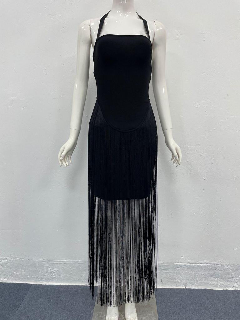European & American Tassel Halterneck Bodycon Bandage Dress