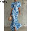 Women's Fashion Summer Spring Flower Pattern Print Short Sleeve High Neck High Waist Casual Dresses