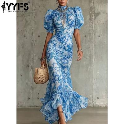 Women's Fashion Summer Spring Flower Pattern Print Short Sleeve High Neck High Waist Casual Dresses