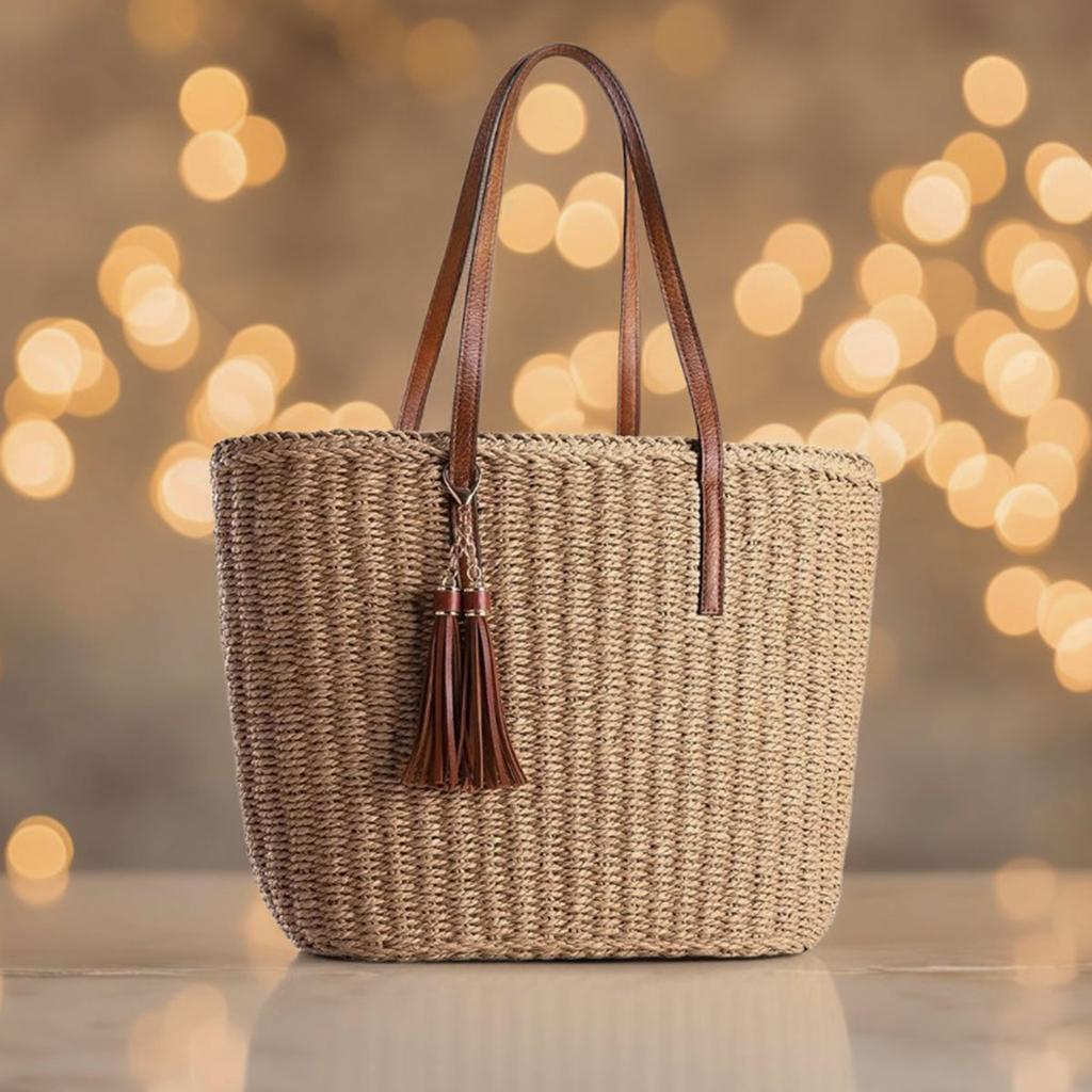 Grass Weave Tote Bag for Women Fashion Straw Bag with PU Leather Large Capacity Shoulder Crossbody Beach Handbag Summer Vacation