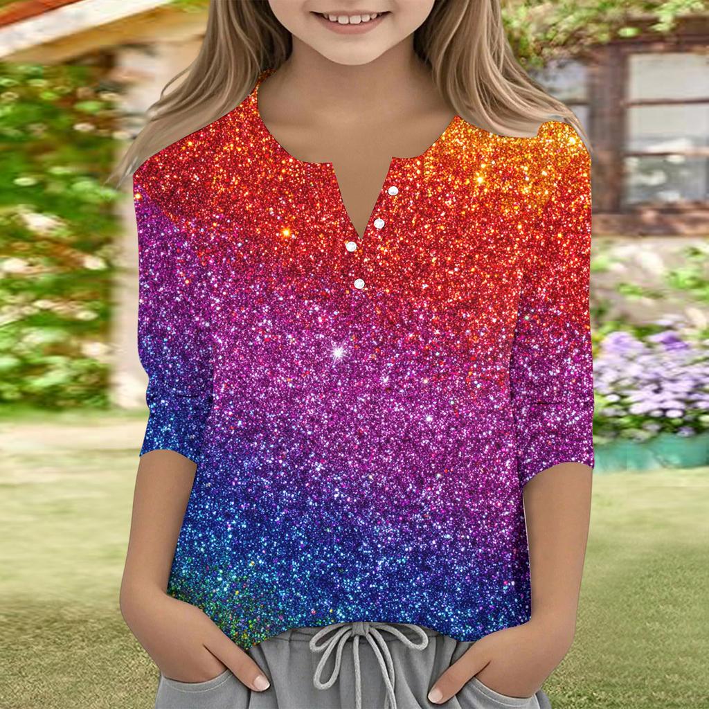 Print Tops For Youth Girls V Neck Button 3/4 Sleeves T-Shirts Trendy Tops Outfit Tees