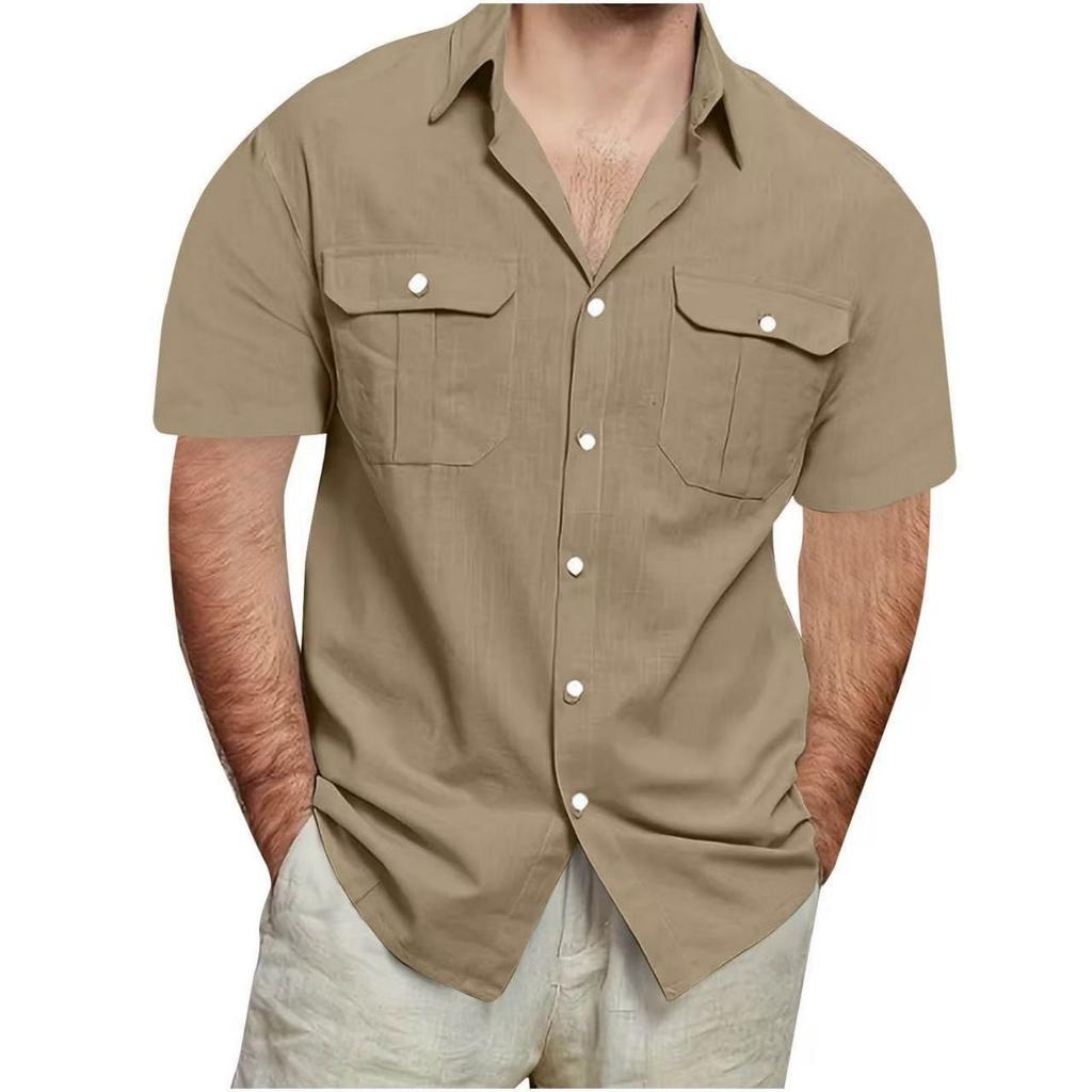 Men's Double Pocket Cotton And Linen Leisure Holiday Short-sleeved Shirt