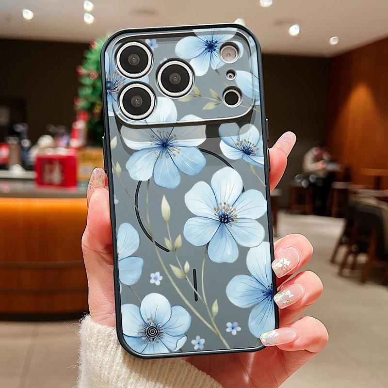 Lovely Sky-blue Flowers Pattern Case For iPhone 17 Pro Max Magnetic For Magsafe Skin Feeling Cover For iPhone 16 15 14 13 Pro Max