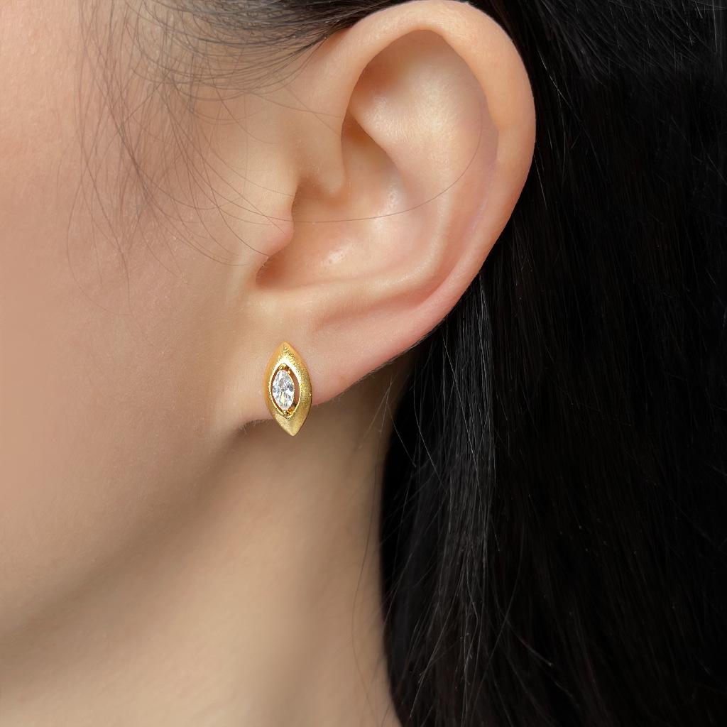 18k Gold Matte Sandblasted Geometric Zircon Marquise Stud Earrings for Women
