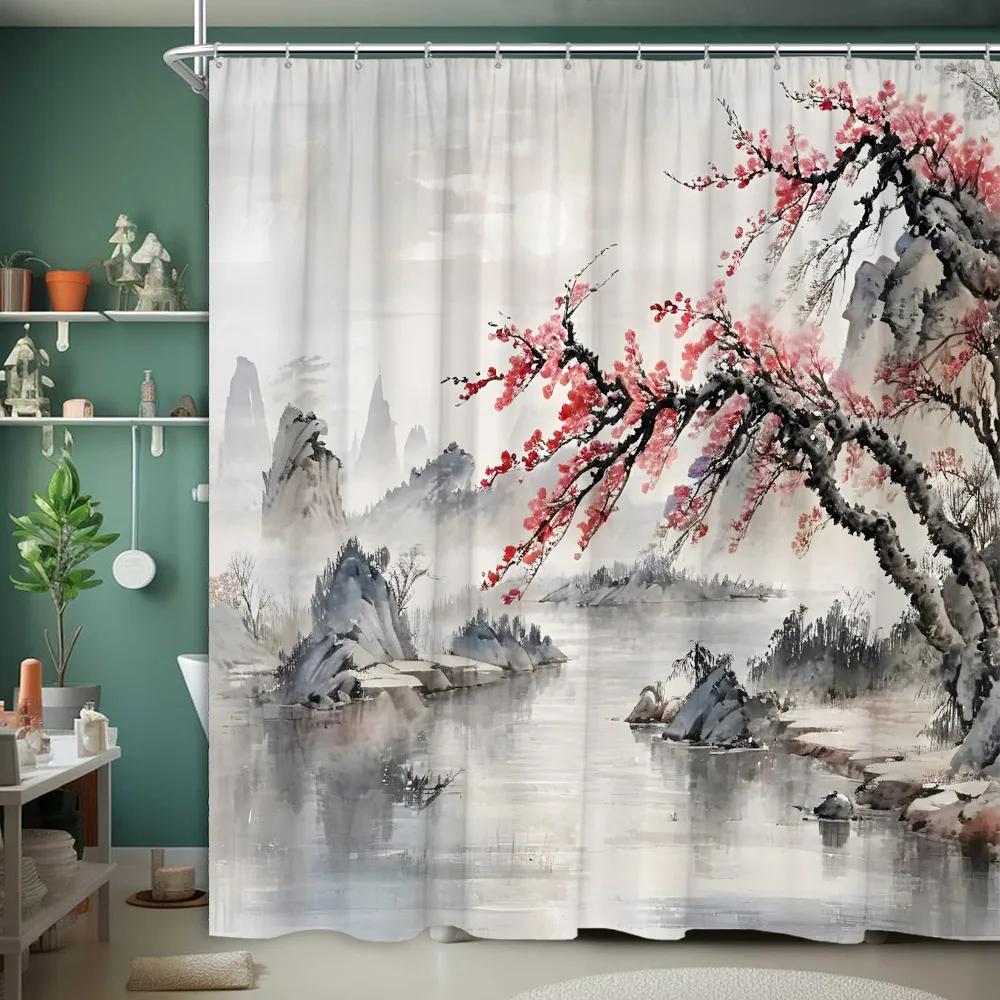Asian Scenery Shower Curtain Koi Cherry Blossom Vintage Bird Lotus Mountain Ink Painting Polyester Fabric Bathroom Decor Curtain