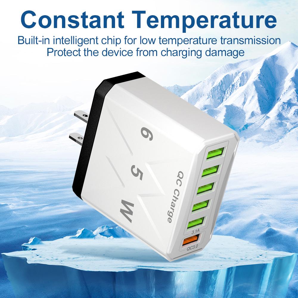 65W QC3.0 High-Power 6-Port USB Fast Charger for Mobile Phones - US/EU/UK/AU Compatible