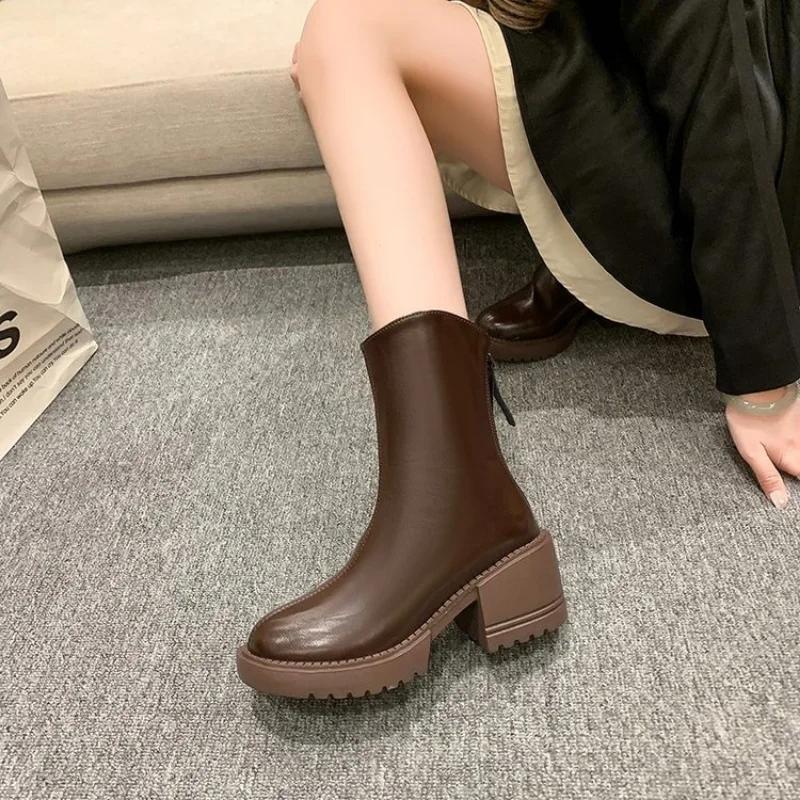 Обувь на каблуке женские ботильоны рабочие на очень высоком каблуке коричневые на толстой платформе короткие туфли для женщин водонепроницаемые черные из искусственной кожи 35 3579₽
