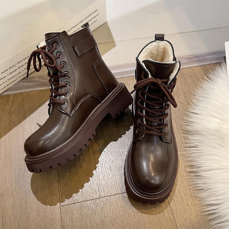 Bottines Femme En Cuir à Talon Compensé - Doublure Fourrure - Semelle Antidérapante - Fermeture Zip Latérale - Noir/Rouge