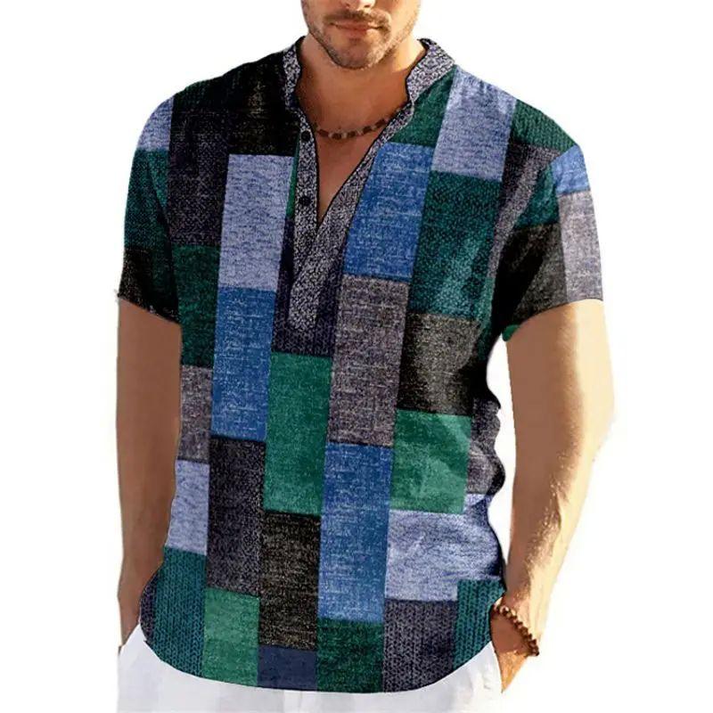 Vintage Men'S 3D Faion Patchwork Printed Irt Oversized Autumn Collar Fce Lined Thiened Nine-Quarter Sve