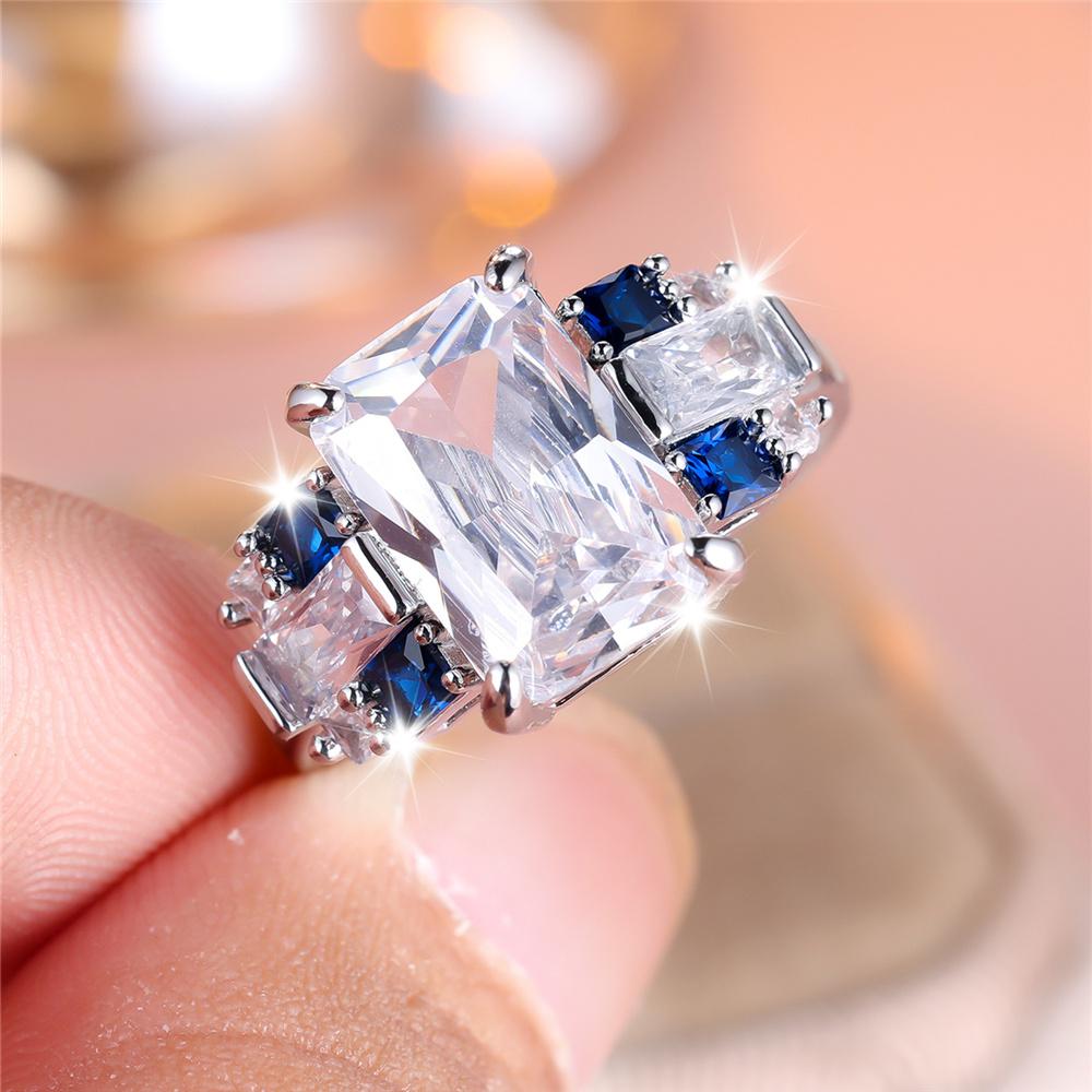 Einzigartiger Damen Weiß Blau Quadratisch Rund Zirkonstein Ring Silberfarben Zierlich Geschenk Party Hochzeit Schmuck Für Frauen