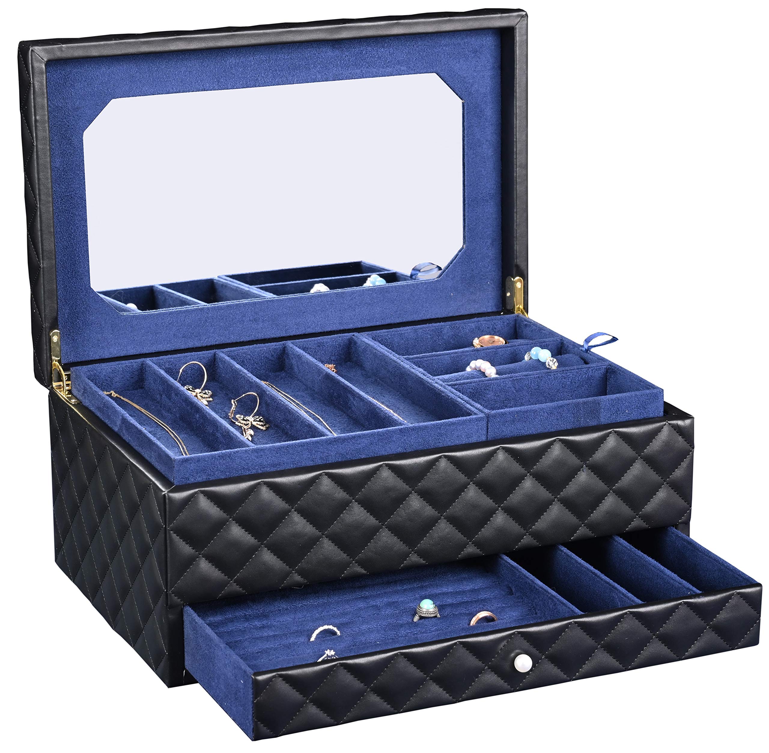 

SANSREPONSE Jewelry Box Wooden Large Capacity Luxurious Accessory Case Storage Box Jewelry Box Drawer Tray with Mirror Earrings Necklace Ring Holder чорний