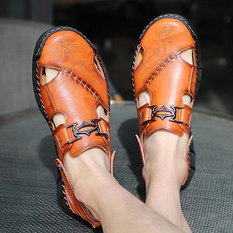 Fashion Summer Hollow Out New Flat Casual Sandals Men's Outdoor Seaside Breathable Cowhide Sewn Slippers Comfortable Men's Shoes 38-50