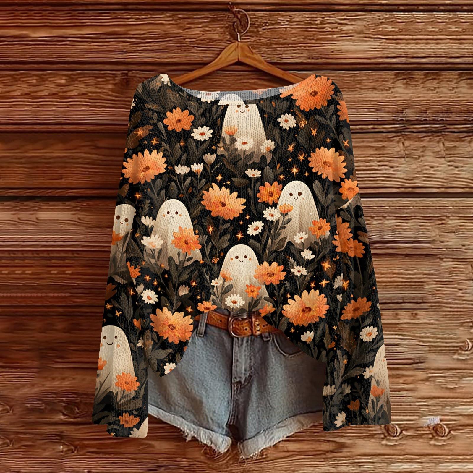 

Свитшоты на Хэллоуин для женщин, вязаный свитер, милая рубашка, осенний свитер с круглым вырезом, топы M оранжевый