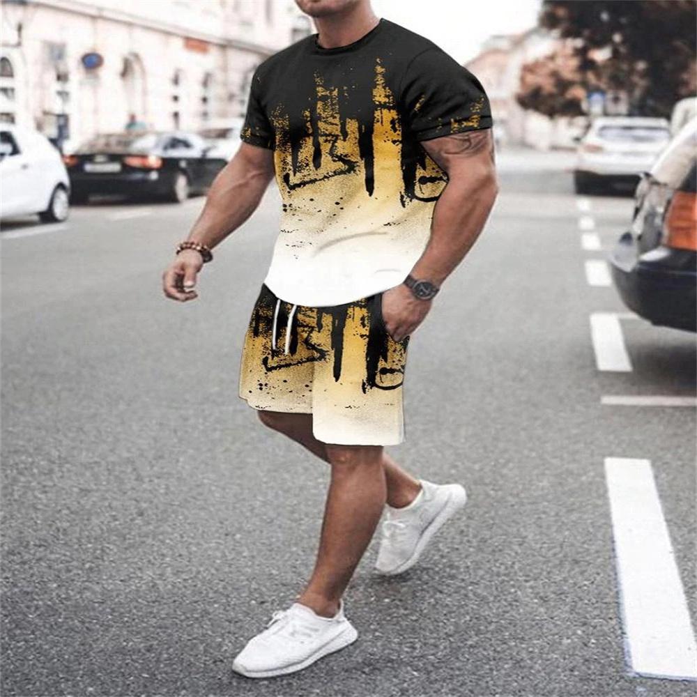 Summer Trend Fashion Men's Gradient Short-Sleeved Shorts Set 3D Print Retro Sports T-Shirt Two-Piece Men Streetwear Sportswear