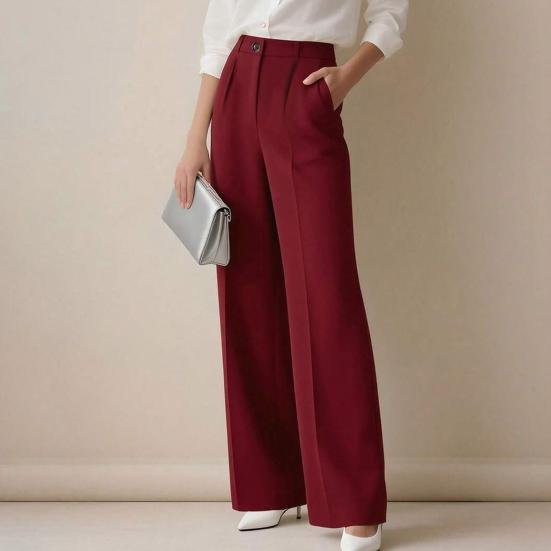 Women Pants High Waist Straight Wide Leg Suit Trousers with Side Pockets Pure Color