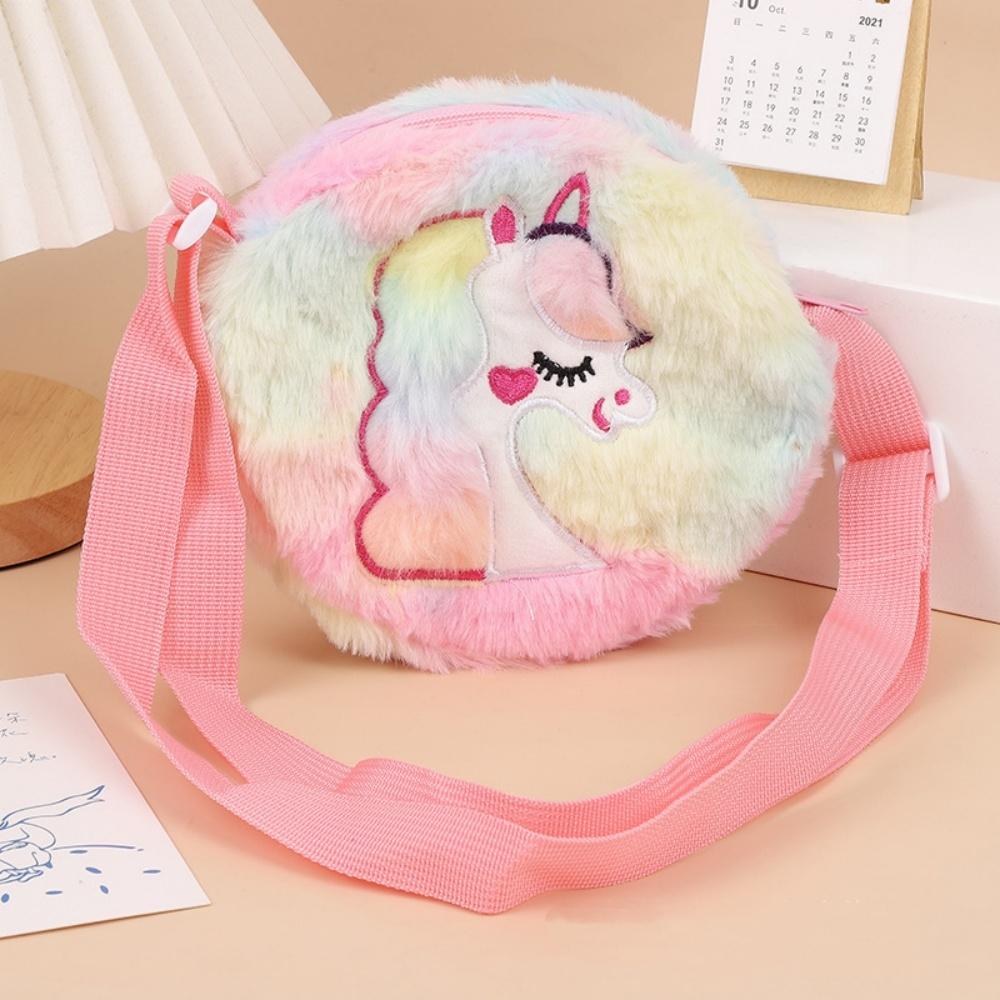 Cute Unicorn Round Kids Plush Bag Adjustable Strap Cartoon Crossbody Storage Bag for Children Shoulder Bag Colorful Small Purse