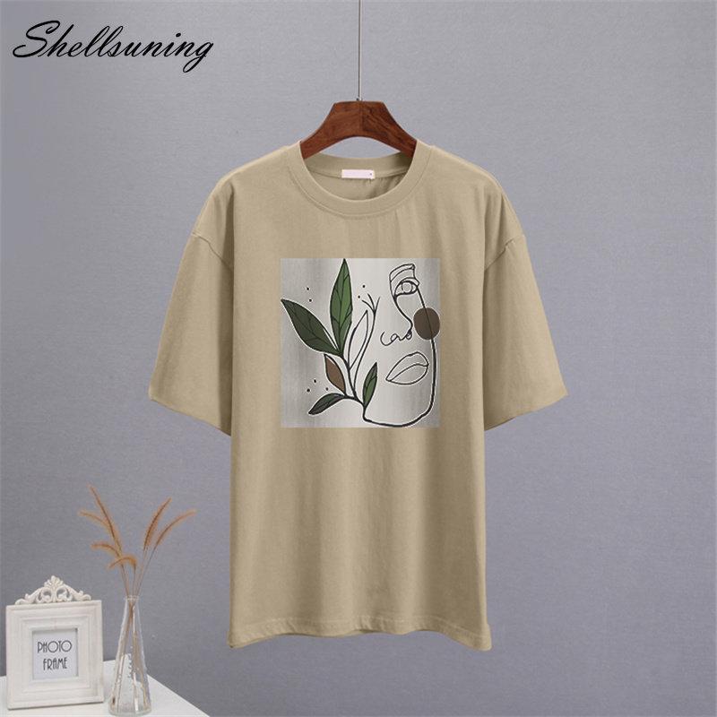 Shellsuning Abstract Character Graphic T Shirts Women Summer Soft Cotton Short Sleeve Tees Female Harajuku Chic Streetwear Tops