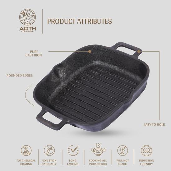 Arth The 10 Inch Pre-Seasoned Cast Iron Grill Pan, Natural Non-Stick, Raised Ridges | 100% Chemical and Toxic Free