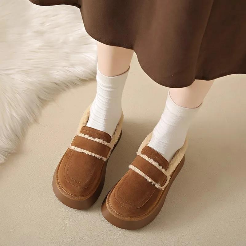 Women's Thick Soled Snow Boots Autumn Winter Plush Boken Shoes Retro Height Increasing Warm Anti Slip Cotton Shoes Loafers