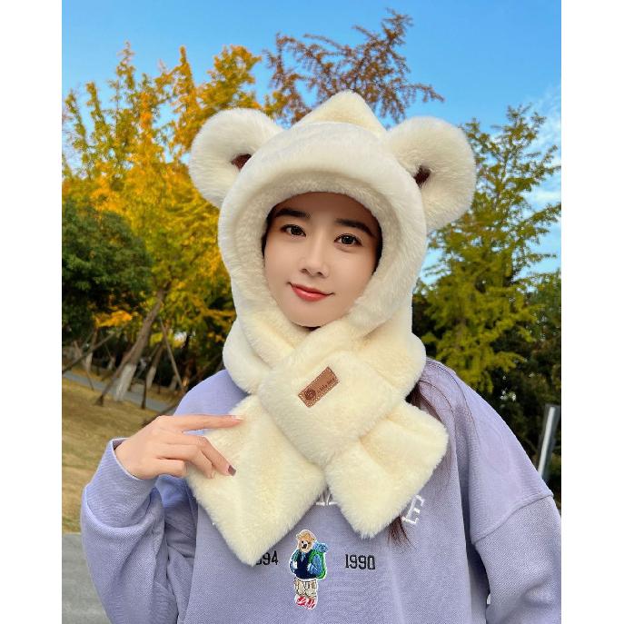 Winter Plüsch niedliche Bärenohren Schal Mütze und Masken-Kombination für Damen, dreiteiliges Set für Radfahren, Kälteschutz und Wärme