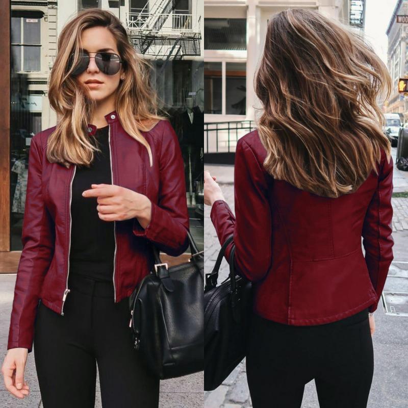 Autumn Winter Stand Collar Casual Fashion PU Leather Coat Women Street Style Solid Color Zipper Cardigan Outwear Top