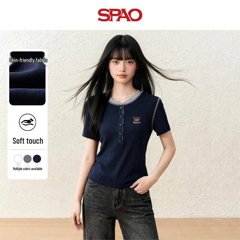 SPAO Women s Slim Fit Contrast Stitch Henley Ribbed Short Sleeve T-Shirt S