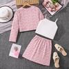 Modieuze Geruite Set voor Meisjes voor de Herfst: Kinderen Cardigan Jas met Lange Mouwen + Tanktop + Rok Set