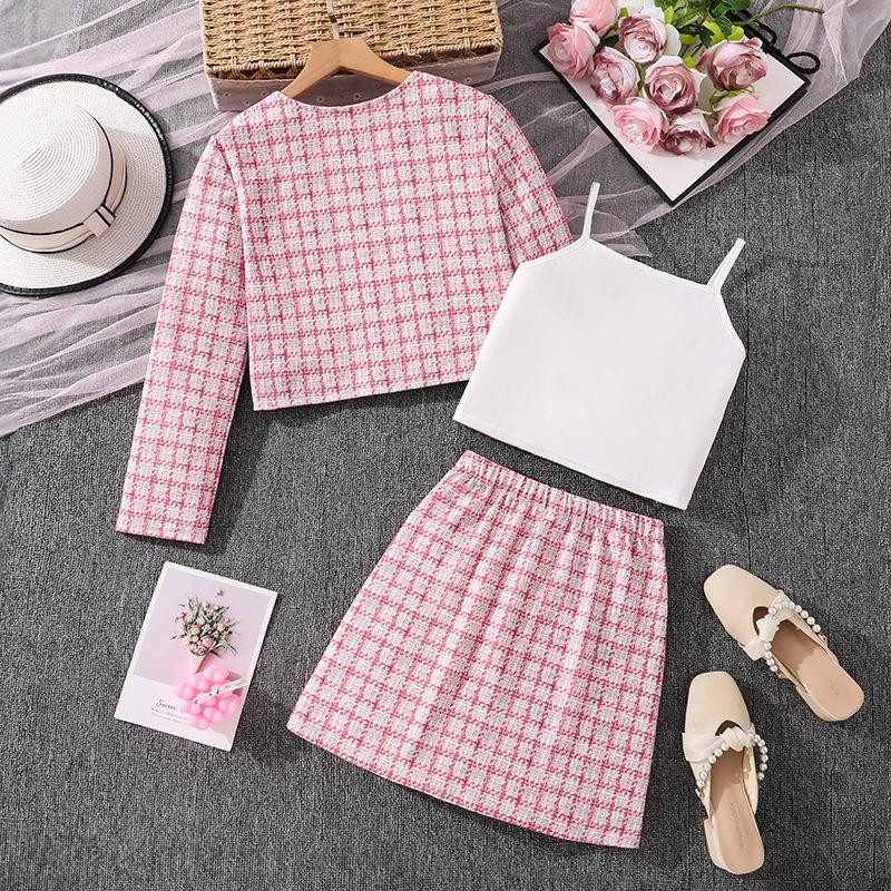 Modieuze Geruite Set voor Meisjes voor de Herfst: Kinderen Cardigan Jas met Lange Mouwen + Tanktop + Rok Set