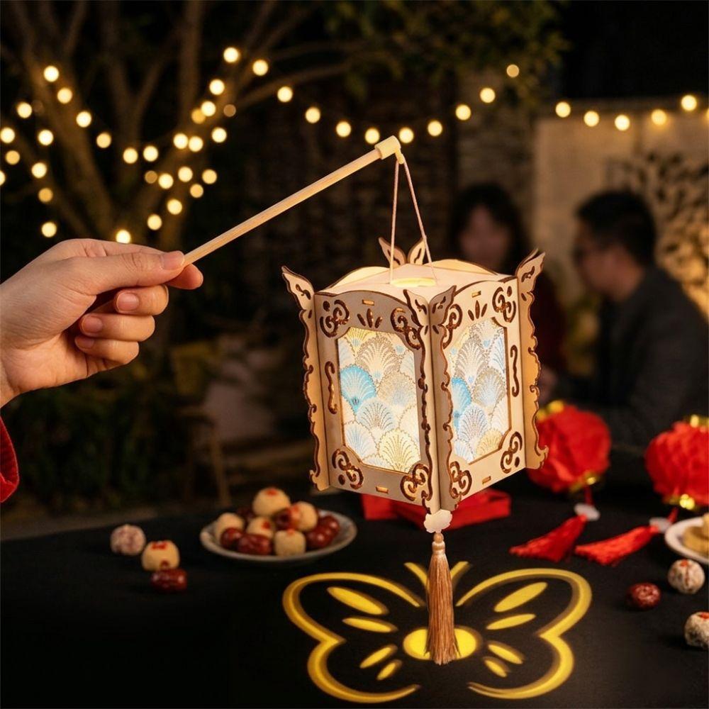 Wood Cutout New Year Projection Lantern Traditional Butterfly Projection Chinese Festival Lantern With Tassel Soft Warm Light