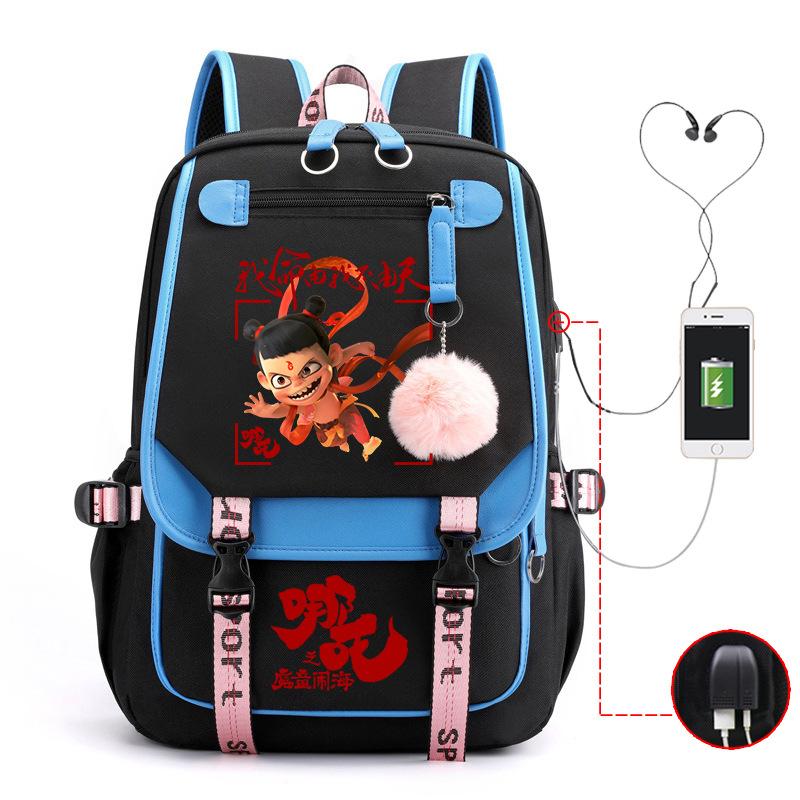 Cartoon Movie Nezha Printing Leisure Burden Reduction Travel Bag Backpack Multi-Function Large Capacity Usb Student Schoolbag