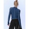Women S Color Block Long Sleeve T Shirt Ruffled Mock Neck Slim Fit Top