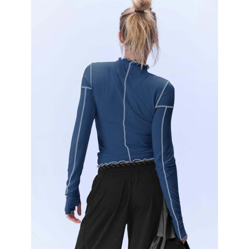 Women S Color Block Long Sleeve T Shirt Ruffled Mock Neck Slim Fit Top
