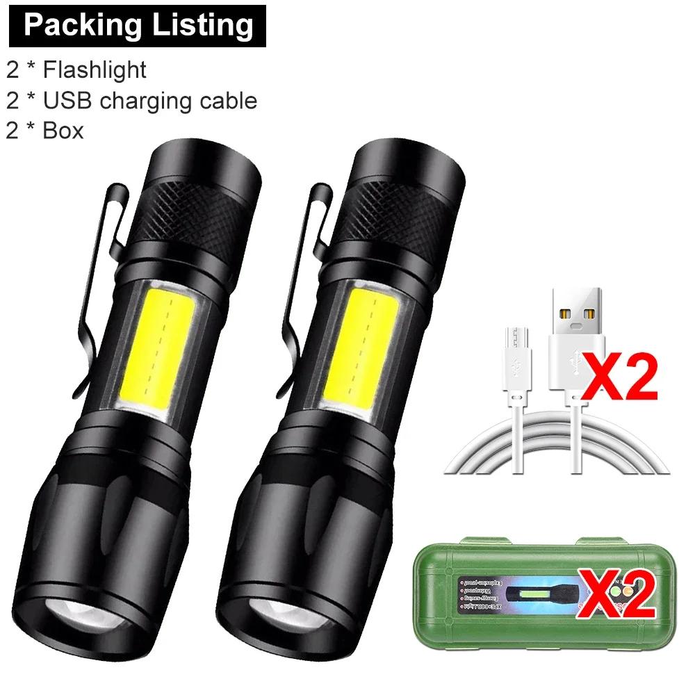 Powerful Mini LED Flashlight COB+XPE Zoom Torch Built In Battery USB Rechargeable Light Outdoor Portable Camping Emergency Lamp